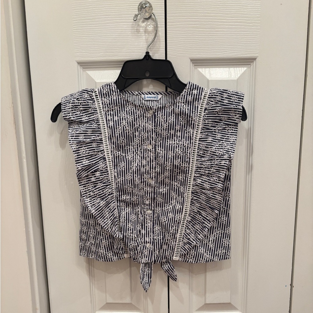 Mayoral Navy and White Striped Top with Floral Detail